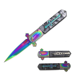 8.5" Rainbow Blade Gray Handle w/ Cross Design Spring Assisted Folding Knife With Clip