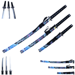 3Pc Japanese Samurai Katana Sword Set Black Dragon Design Ninja Style with Display Stand