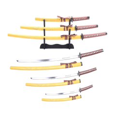 3 Pc Yellow Dragon Japanese Katana Samurai Sword Set Carbon Steel Blade Bushido Stand