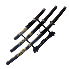 3Pc Black Katana & Gold Dragon Design Japanese Samurai Sword Set Ninja Style with Display Stand