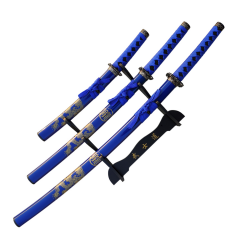 3Pc Blue Katana & Gold Dragon Design Japanese Samurai Sword Set Ninja Style with Display Stand